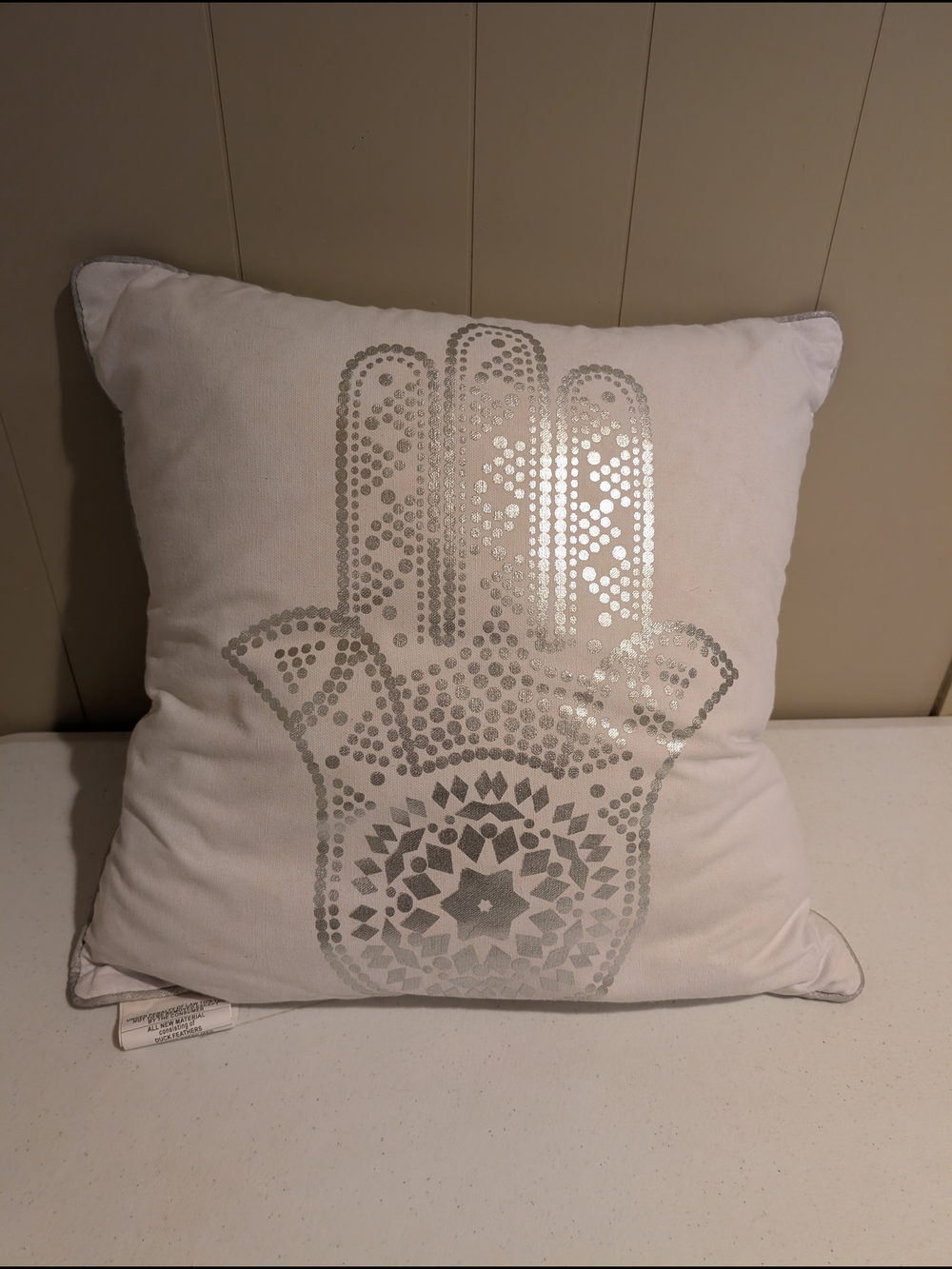Hamsa Hand Decorative Throw Pillow in White and Silver